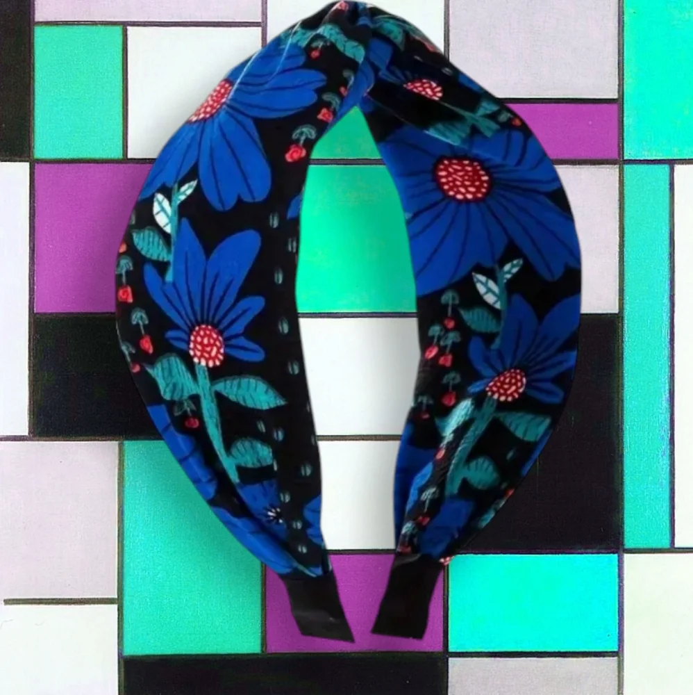 Floral Wide Cross Top Headband Blue and Red Floral NEW